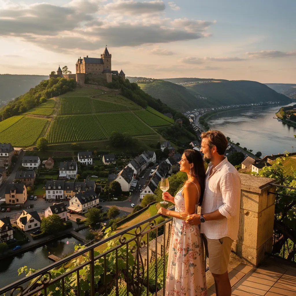 Die Abendsonne beleuchtet die imposante Silhouette der Burg.